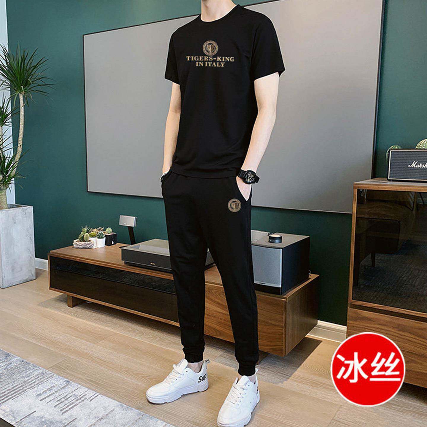 MK正品冰丝薄款休闲运动套装男夏季2026款高端百搭痞帅男士两件套