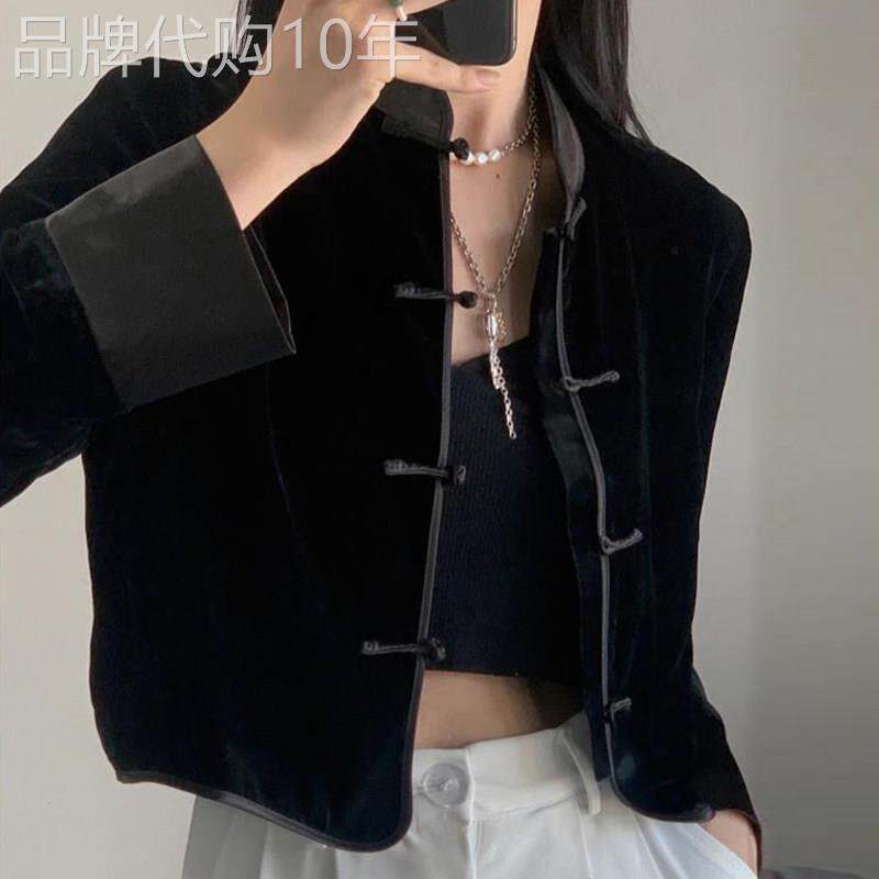 覆古中式对襟盘扣外套女春秋新款中国风盘扣丝绒短款休闲小衫上衣