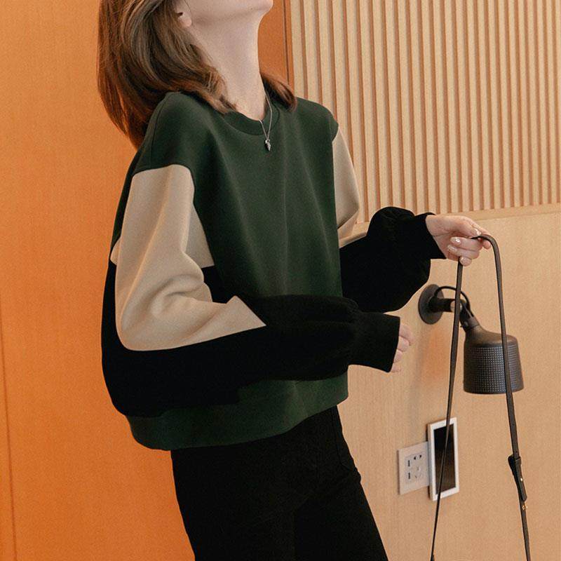 圆领撞色卫衣女短款秋冬2025新款加绒加厚小个子设计感上衣女宽松