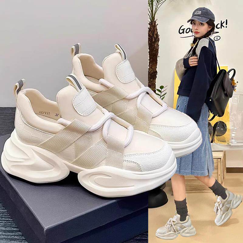 香港真皮老爹鞋女2025新款厚底增高纯色踏青松糕底系带运动休闲