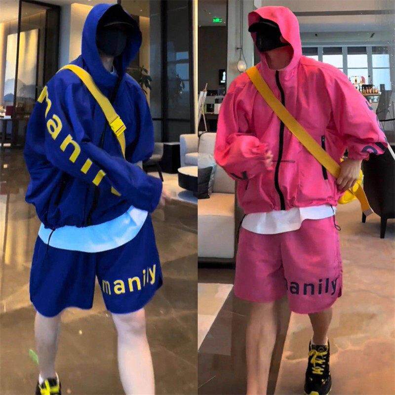简约夏季薄款蝙蝠袖大字母连帽外套男宽松套装休闲户外防晒衣