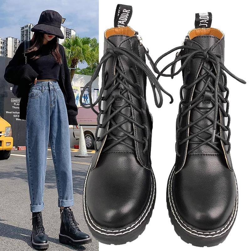 香港英伦马丁靴女2025年春秋新款加绒内增高真皮厚底短靴酷黑靴子