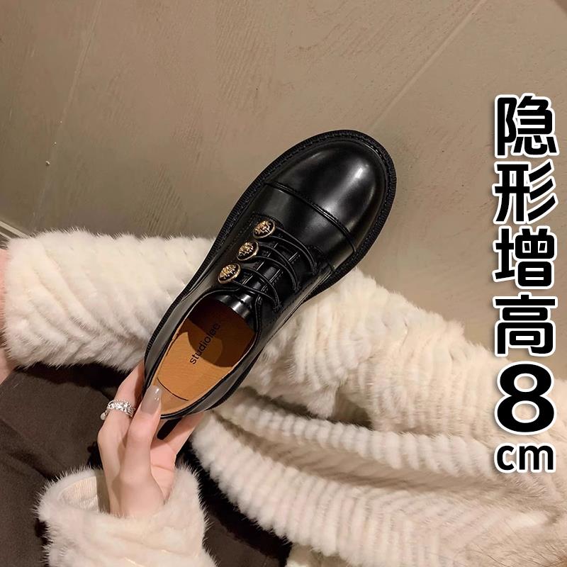 香港英伦风小皮鞋女金扣山茶花2025春秋季刺绣复古厚底粗跟乐福鞋