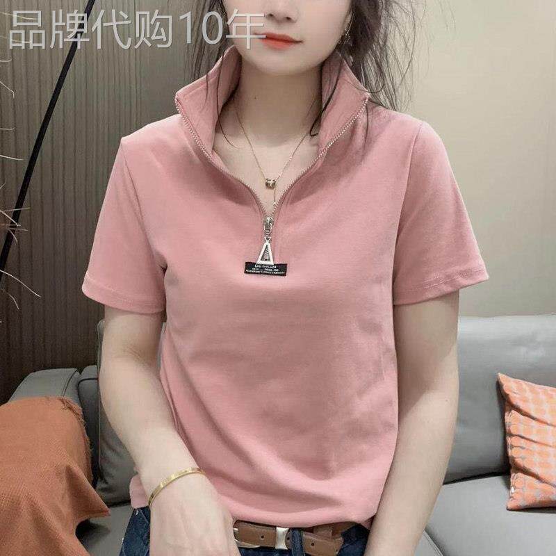 洋气纯棉短袖T恤女夏季新款欧货气质减龄显瘦休闲半拉链立领上衣