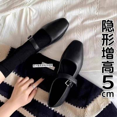 香港小个子内增高芭蕾舞鞋一字扣带方头复古真皮玛丽珍单鞋女春季