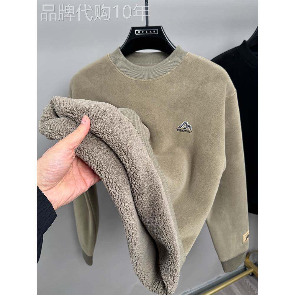 冬季新款高端加绒圆领卫衣男保暖加厚百搭上衣舒适双面抓绒打底衫