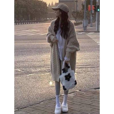 麻花毛衣外套女秋冬欧货慵懒风粗毛线大衣过膝中长款加厚针织开衫