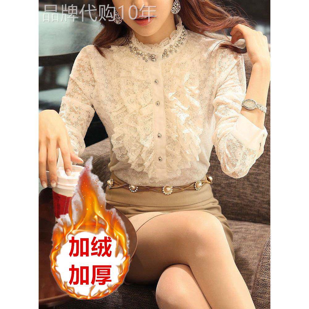 韩国秋冬装镂空立领蕾丝衫女长袖胖妹妹加绒加厚衬衫打底衫上衣