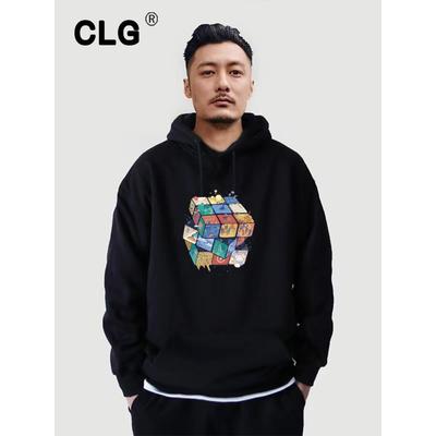 香港Trendyy品牌连帽运动衫男士春秋冬天鹅绒套头夹克时尚魔方印