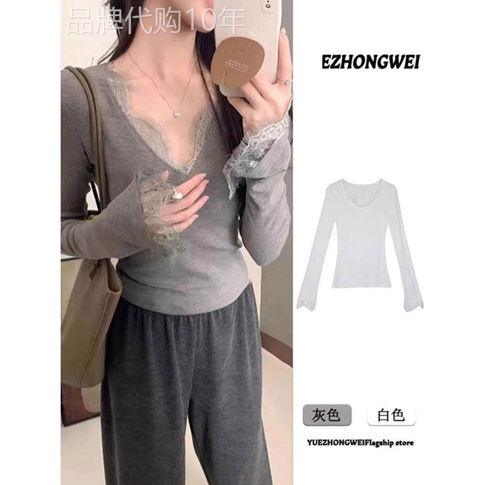 灰色V领蕾丝拼接拉丝天鹅绒女式秋裤修身内衣裤可以穿在外面的纯