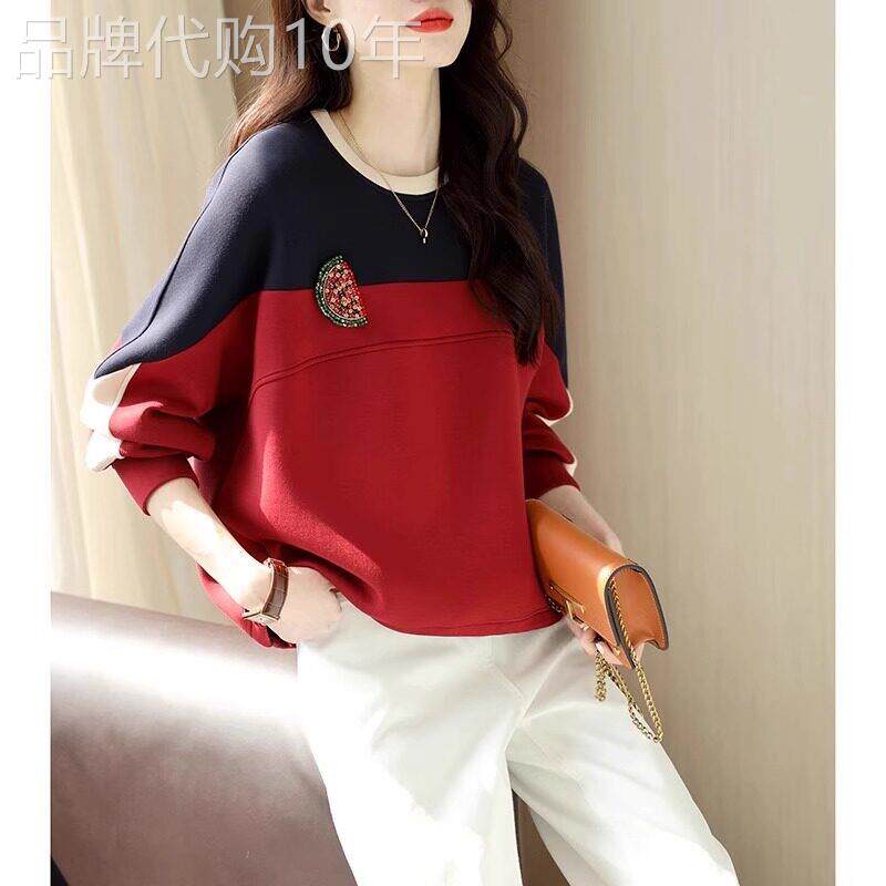 圆领卫衣女春秋2025新款宽松显瘦设计感小众时尚撞色拼接休闲上衣