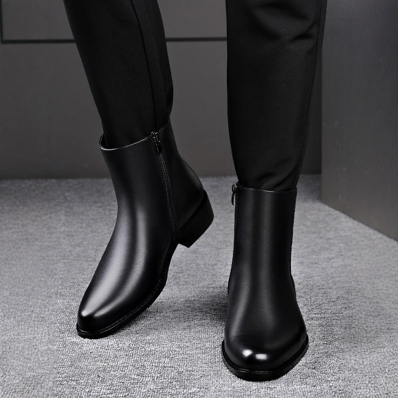 男鞋冬季真皮尖头高帮皮鞋加绒短靴男潮流时尚切尔西靴保暖马丁靴