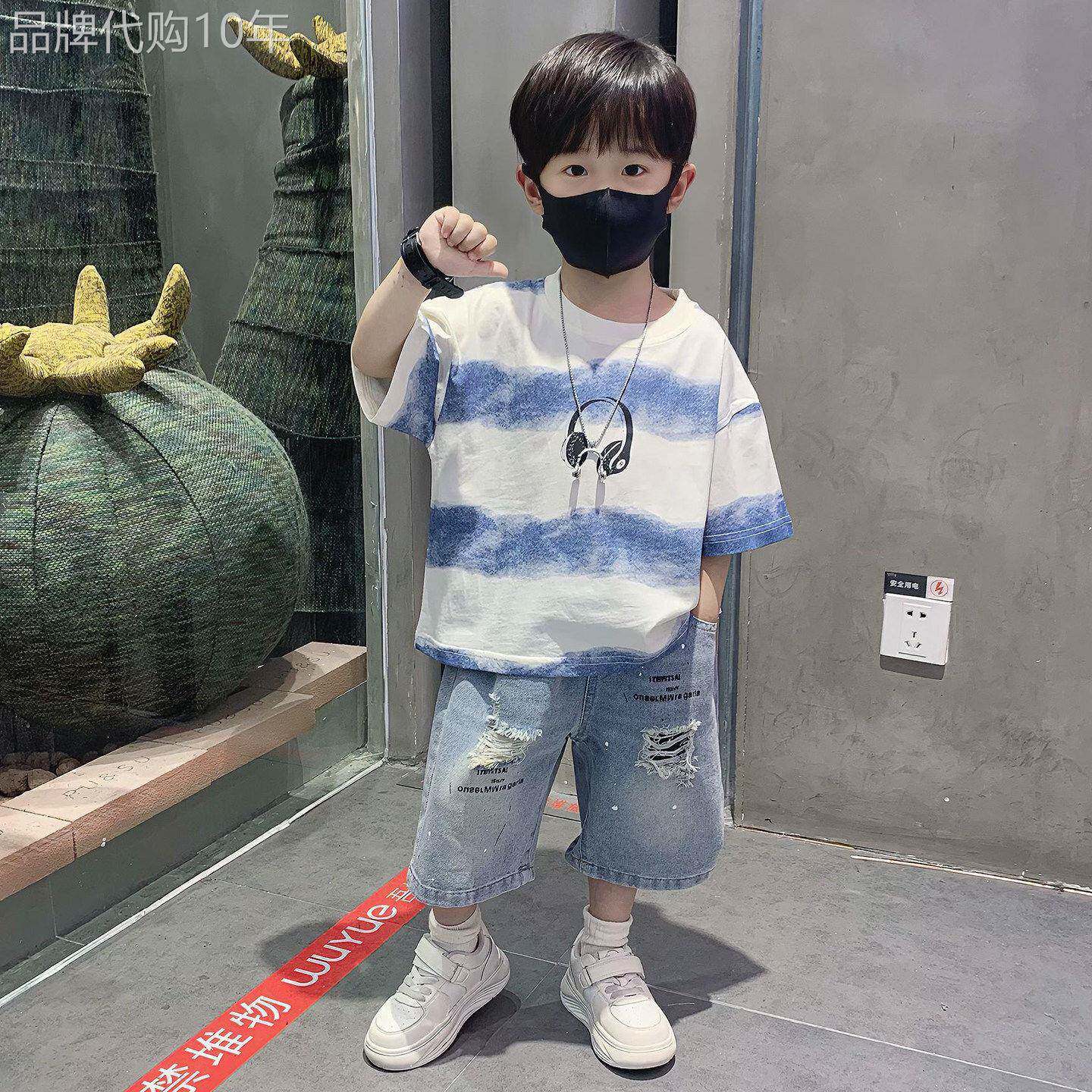 韩国洋气男童夏季短袖套装2026新款宝宝牛仔裤儿童夏款两件套潮酷