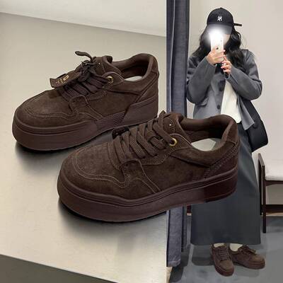 香港磨砂真皮厚底板鞋女2025秋冬新款小个子增高鞋轻便运动休闲鞋