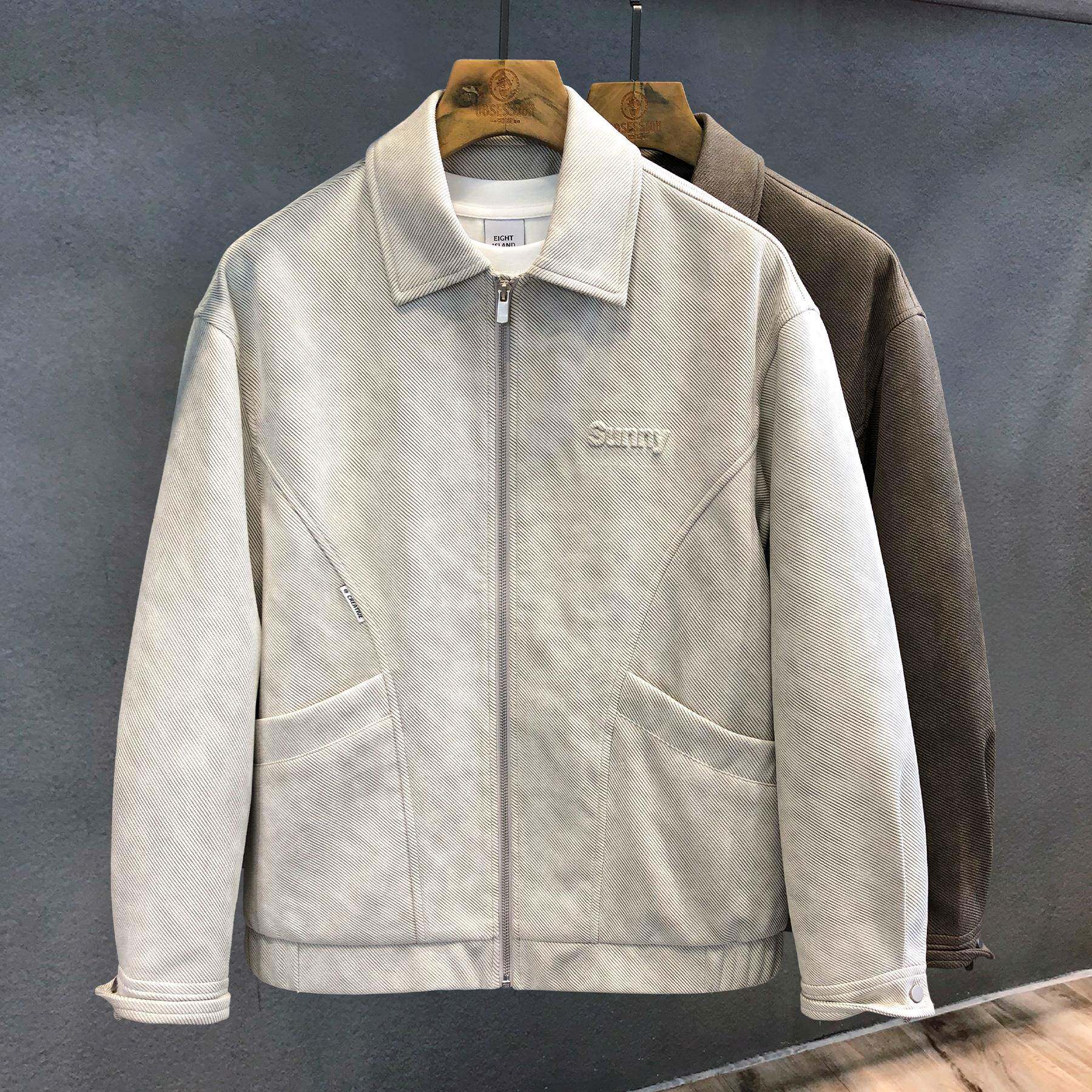 潮牌高端拼接斜纹翻领外套男士2025秋冬款棉服休闲夹克男轻熟商务