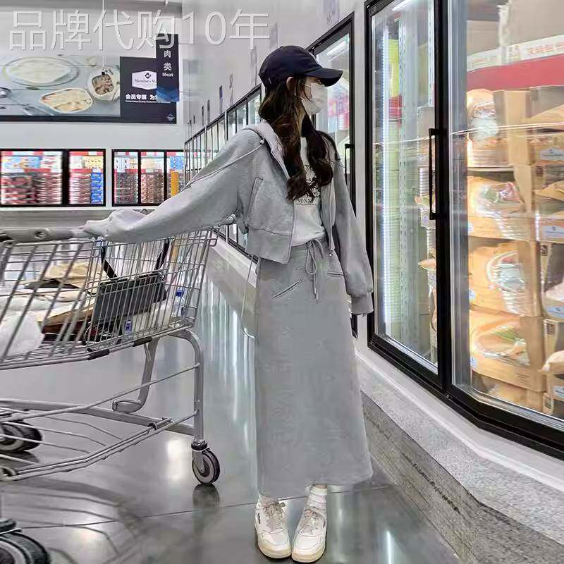 班奈悦灰色连帽卫衣半身裙早春百搭款时尚休闲学院风套装两件套