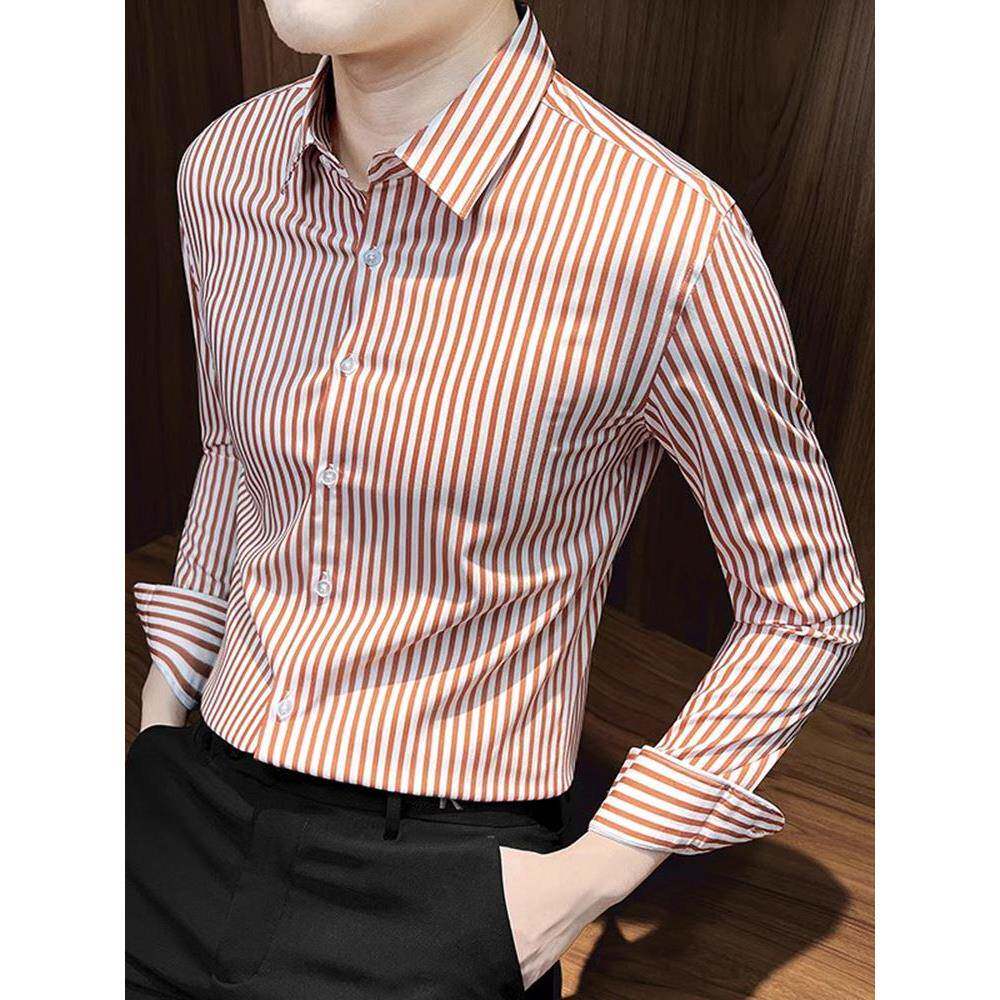 2025秋季条纹衬衫男士长袖潮牌商务高端男装寸衫痞帅修身衬衣男款