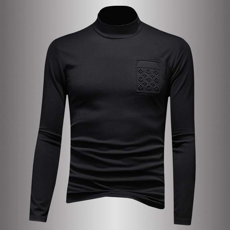 高级感秋冬季潮牌修身男士长袖T恤纯色半高领加厚磨毛内搭打底衫