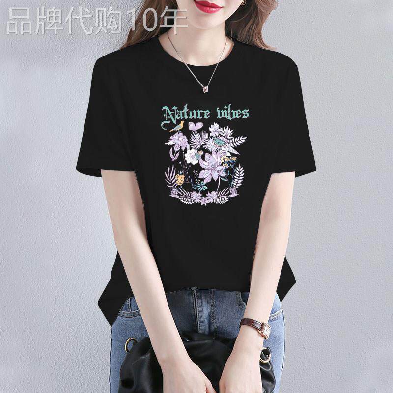 韩国黑色纯棉短袖t恤女装夏季2026新款印花宽松洋气圆领百搭上衣