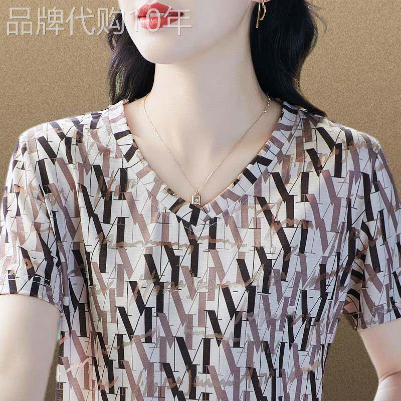 冰丝短袖t恤女士夏季薄款2025新款宽松显瘦印花透气V领速干上衣女