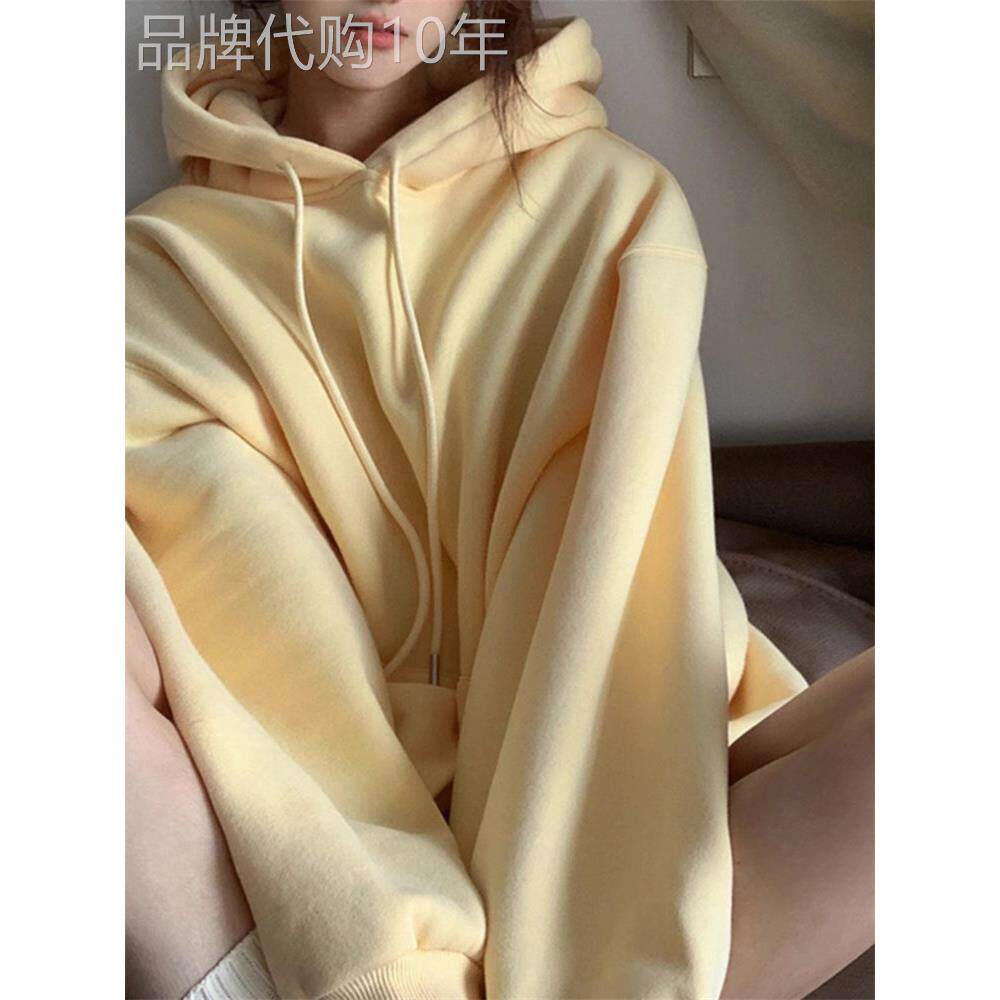 潮牌奶黄色连帽卫衣女2025秋冬季加绒加厚慵懒风宽松显瘦外套上衣