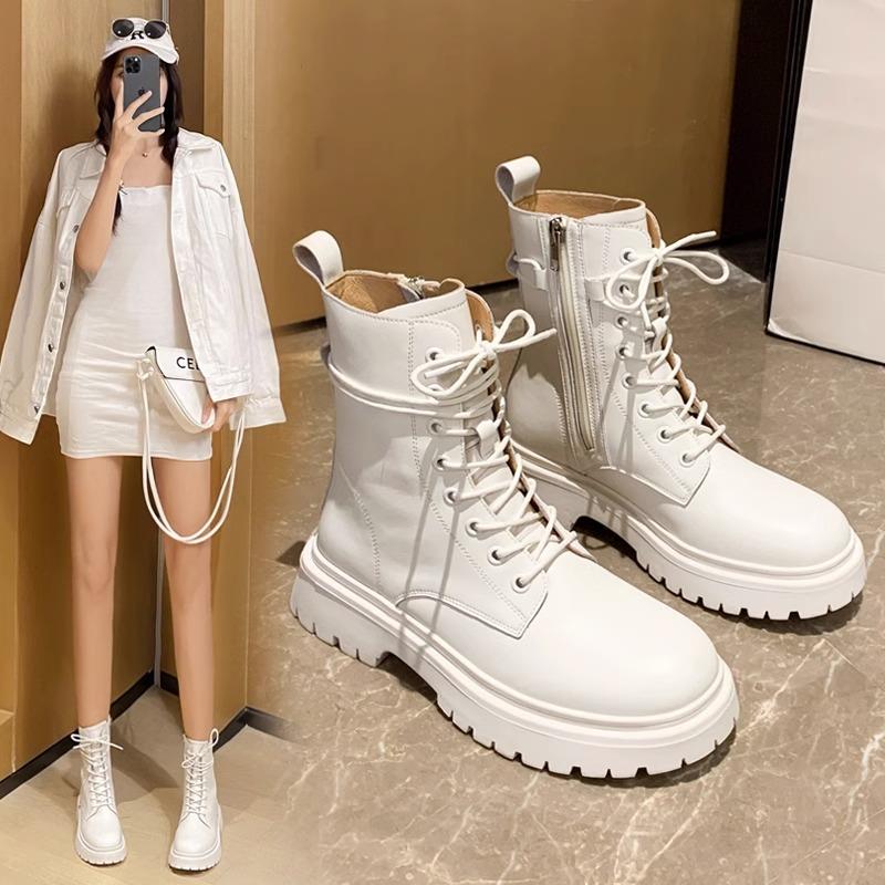 香港真皮女靴2025春秋季新款白色短靴百搭英伦风格厚底靴薄款