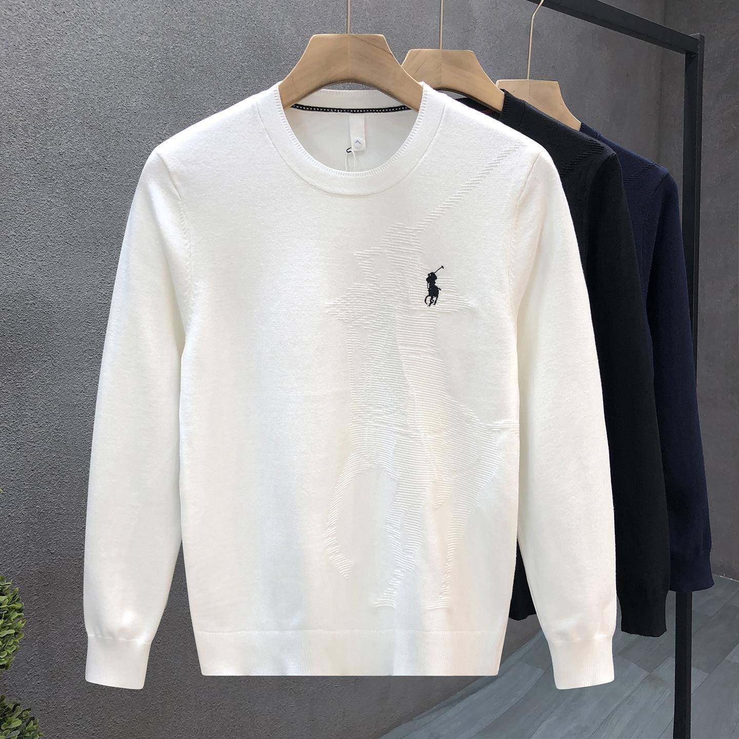 高端刺绣暗花纹圆领毛衣男2025秋冬新款潮流百搭针织衫男士打底衫