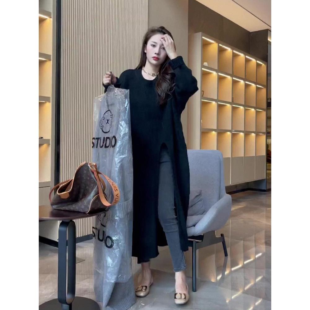 针织连衣裙女春秋冬欧货套头毛衣裙中长款侧开叉不规则过膝长裙子