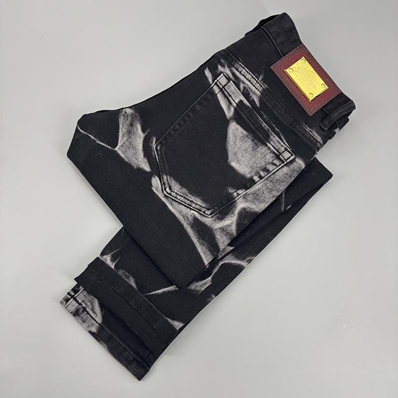 高级感水墨黑痞帅牛仔裤男2025秋冬新款水洗泼墨潮流修身小脚裤子
