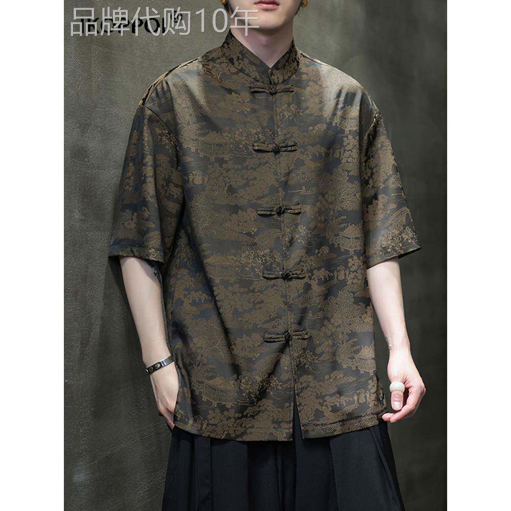 轻奢薄款男士上衣新中式盘扣唐装衬衫冰丝印花立领覆古大码短袖
