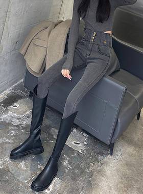 烟灰色加绒牛仔裤女春秋冬2025新款欧货高腰显瘦紧身小脚铅笔裤子