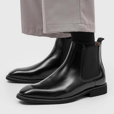 方头切尔西靴男款真皮商务正装英伦风休闲黑色中帮短靴高帮皮鞋