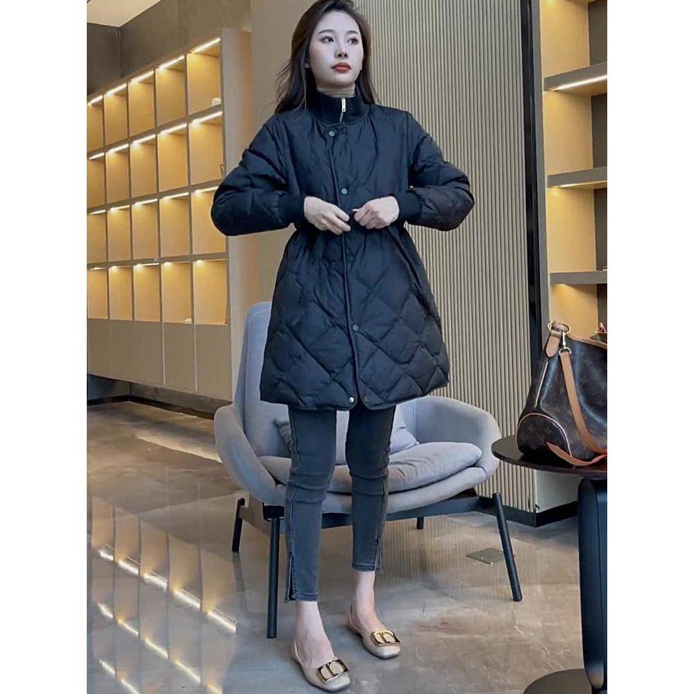 菱形格棉服女冬欧货中长款棉大衣收腰棉袄加厚羽绒派克服加绒外套