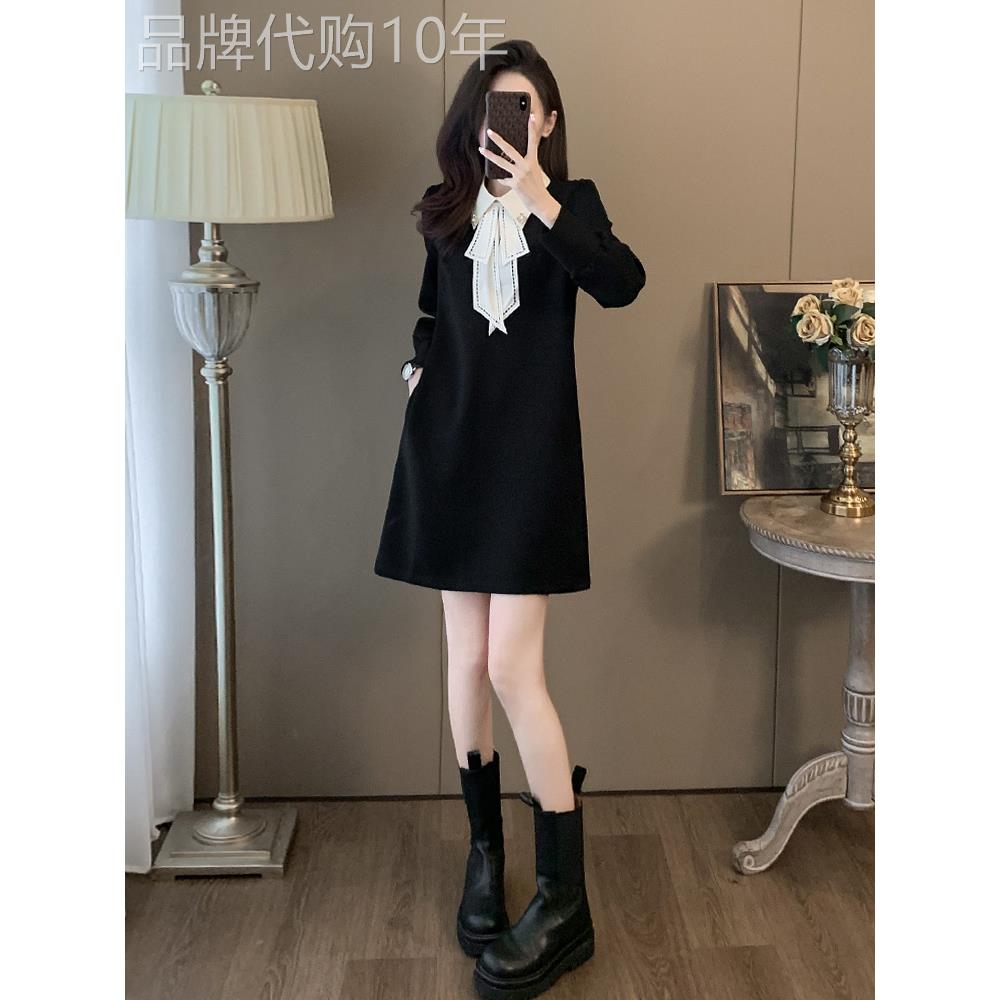 欧洲站黑色厚棉T洋装女2025春秋冬季新款加绒高级感赫本风小个子