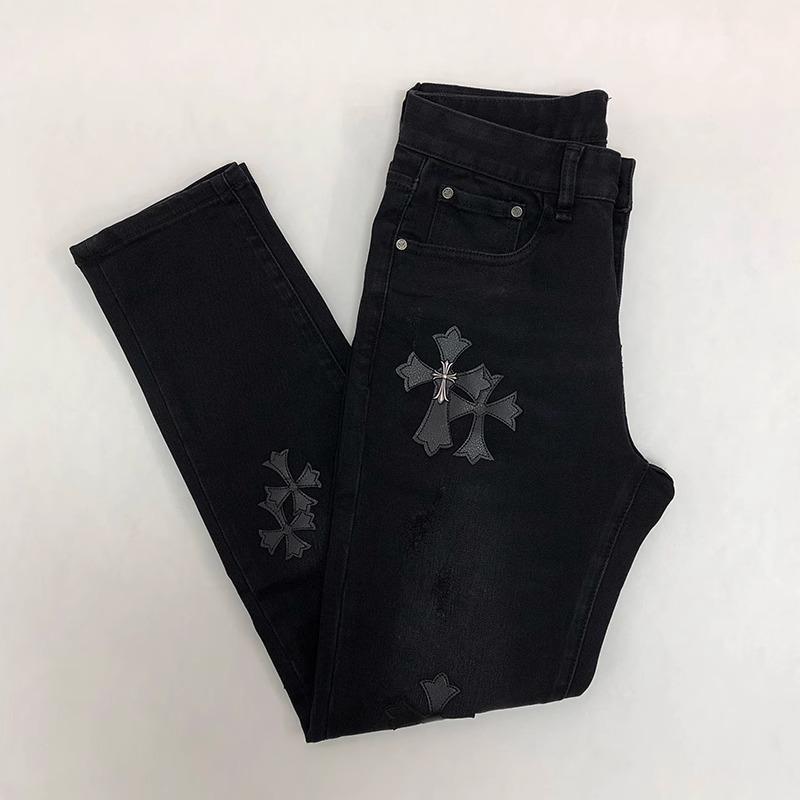 潮牌十字架牛仔裤男士修身小脚高端2025春秋新款纯黑色休闲 长裤