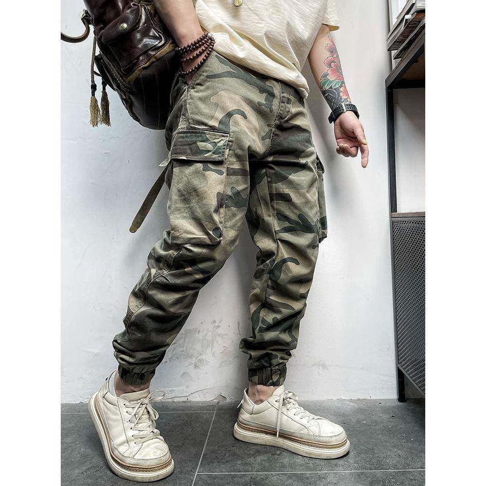 代购香港潮牌美式复古男士带腰带迷彩束脚显瘦大口袋工装休闲裤
