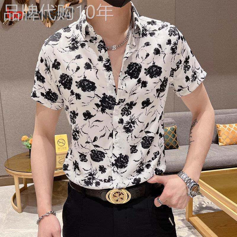 高端花衬衫短袖男士夏季薄款2026年新款痞帅高级感冰丝衬衣服男款