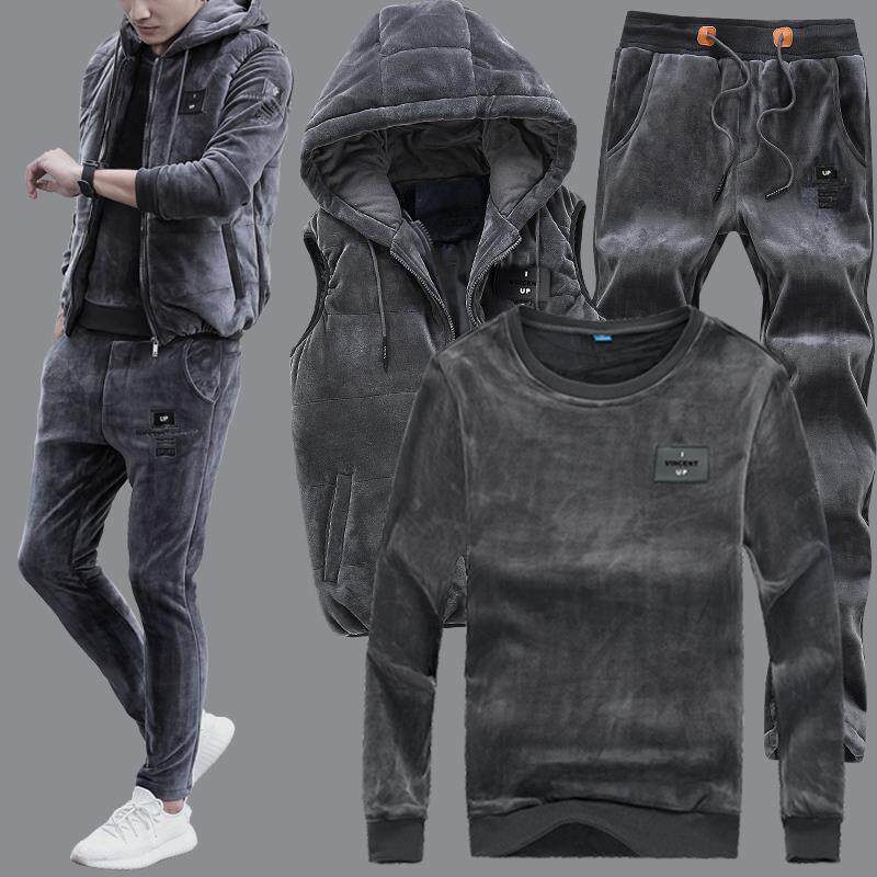 潮牌高端金丝绒卫衣套装男秋冬季加绒加厚休闲运动帅气搭配三件套