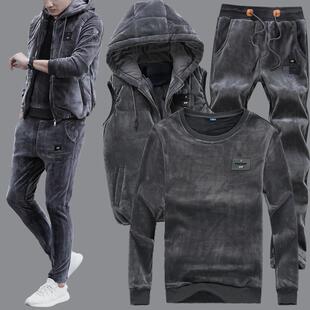 潮牌高端金丝绒卫衣套装男秋冬季加绒加厚休闲运动帅气搭配三件套
