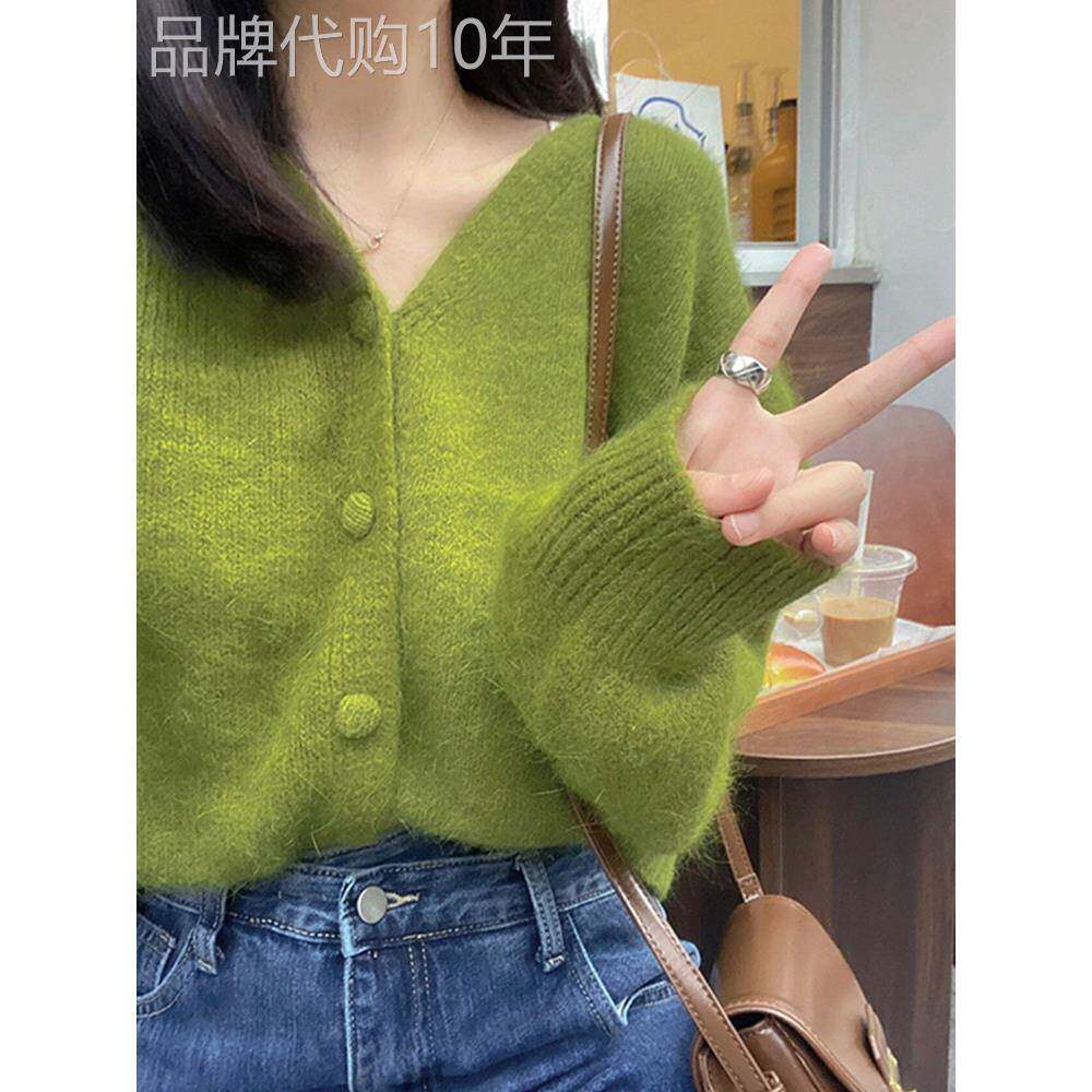 秋冬牛油果绿针织开衫女高级感慵懒外穿毛衣外套覆古软糯V领上衣