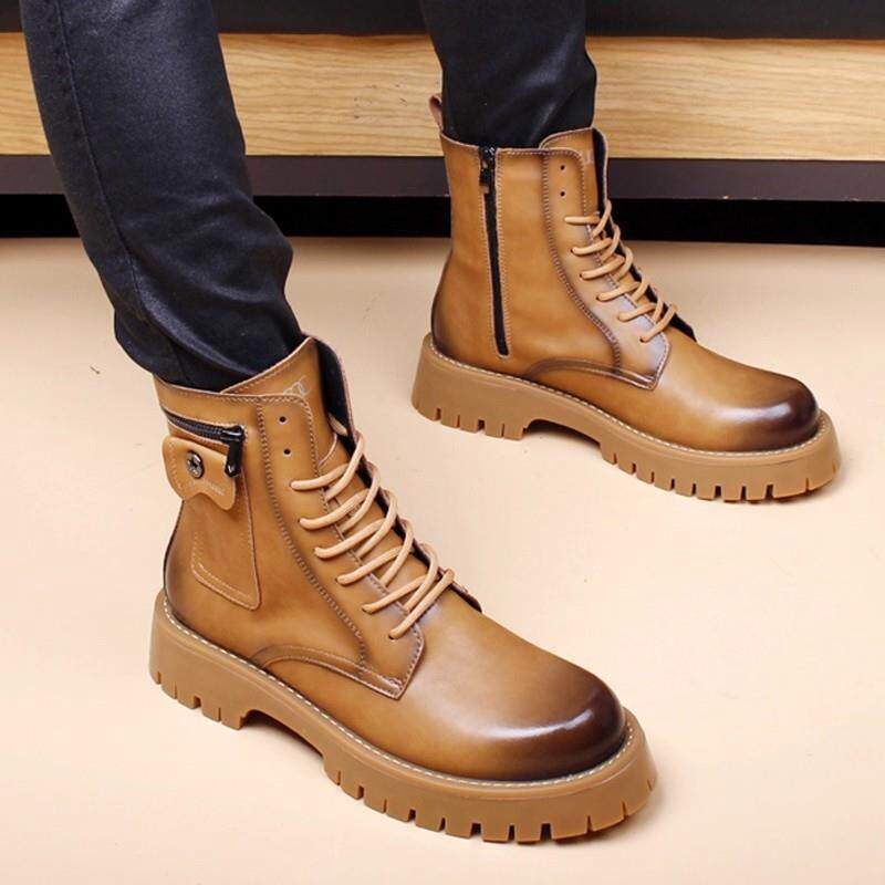 新款真皮马丁靴户外男靴子增高中筒切尔西靴男士高帮鞋保暖短靴男