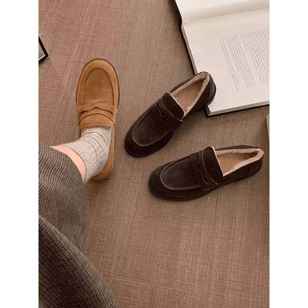 香港加绒乐福鞋女2025冬季覆古豆豆鞋低跟单鞋毛毛鞋外穿保暖棉鞋