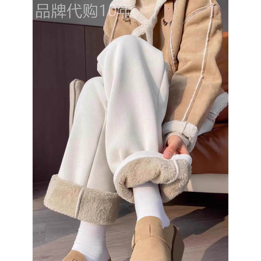 羊羔绒阔腿裤女秋冬加绒加厚小个子雪尼尔直筒裤保暖外穿休闲棉裤