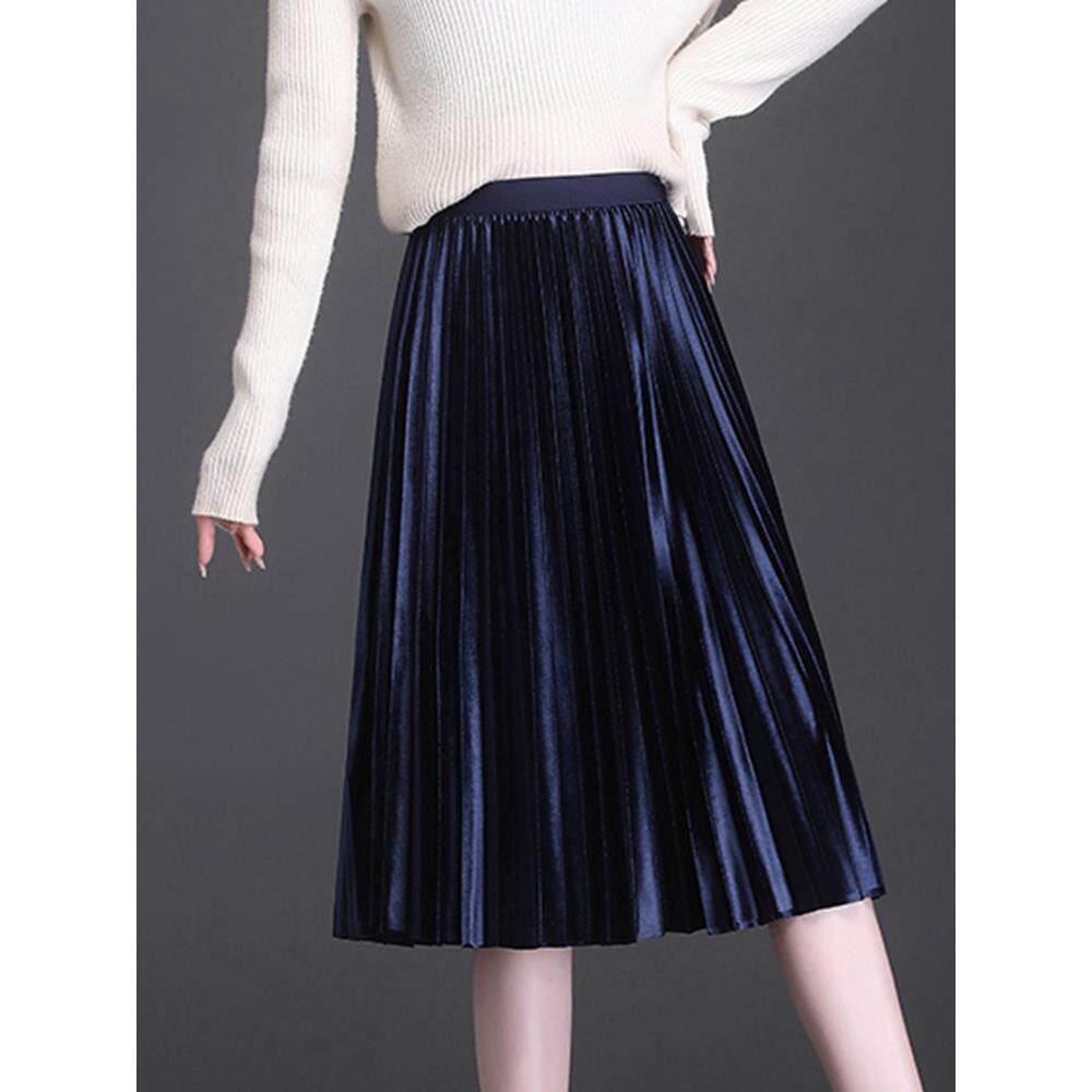 金丝绒半身裙女春秋小个子中长款a字裙2025秋冬新款高腰百褶裙
