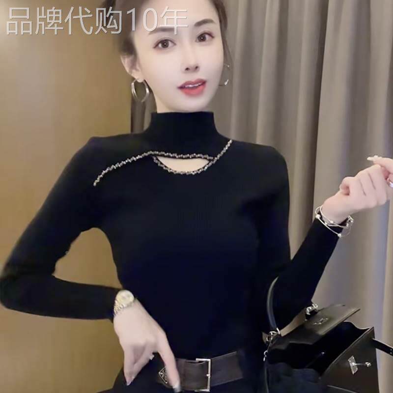 高领针织打底衫女春秋季2025新款高级感镂空钉珠修身显瘦内搭上衣