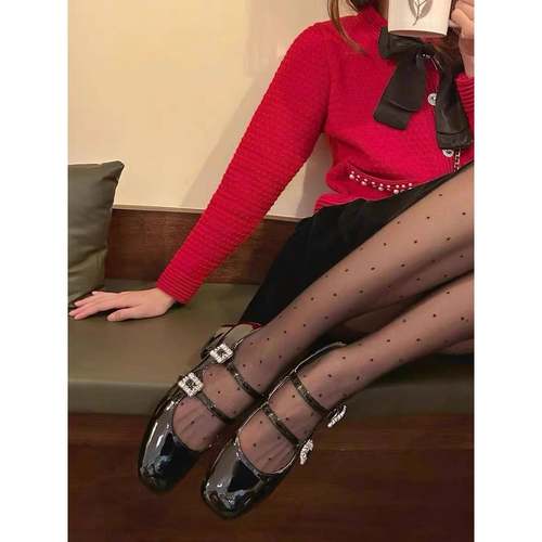 香港rv水钻一字带粗跟玛丽珍鞋女2025春秋浅口黑色漆皮方扣单鞋女