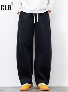 香港CLG潮牌黑色裤子男宽松直筒美式运动卫裤秋冬新款阔腿弯刀裤