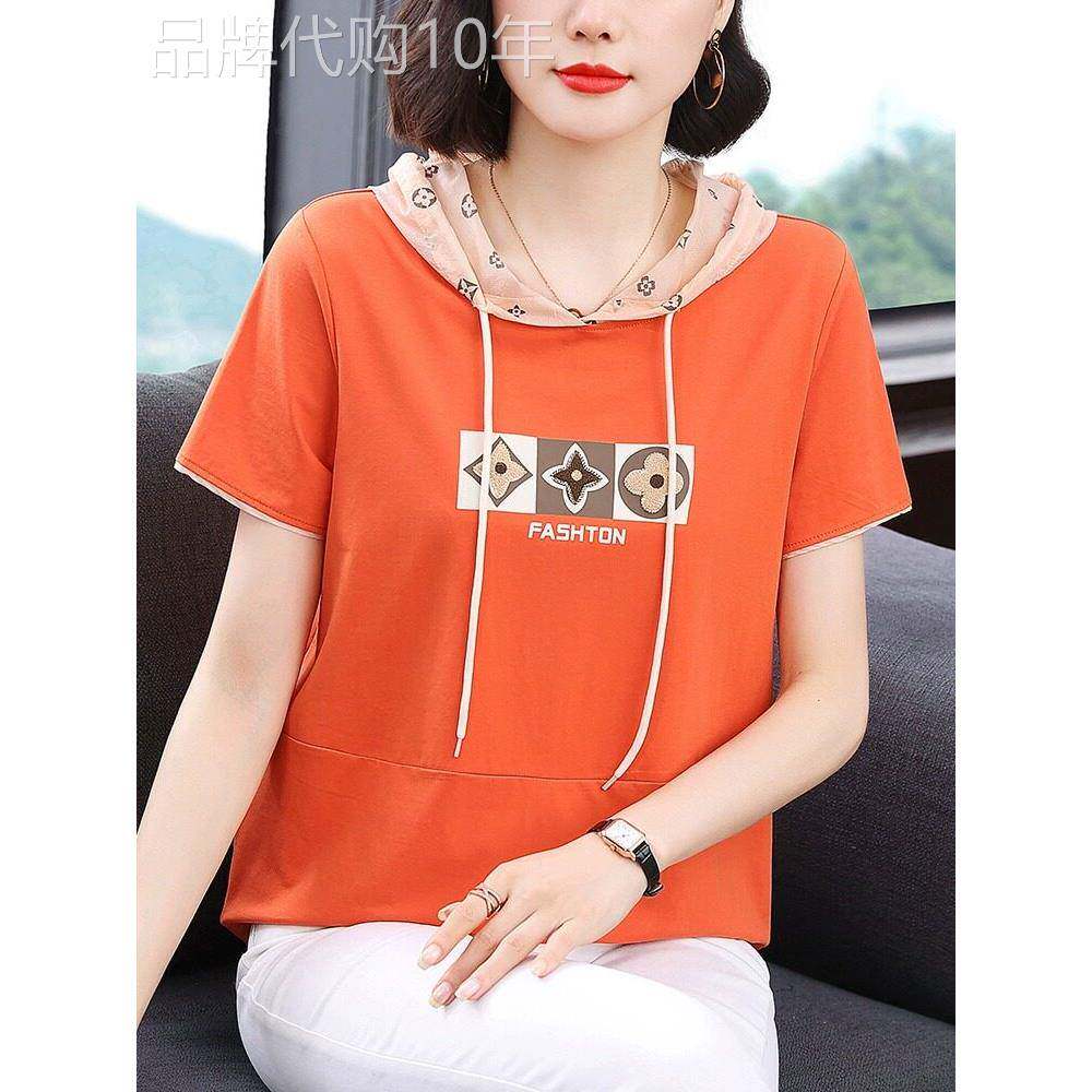 连帽短袖T恤女2025夏季新款中年妈妈减龄休闲印花拼色半袖上衣薄