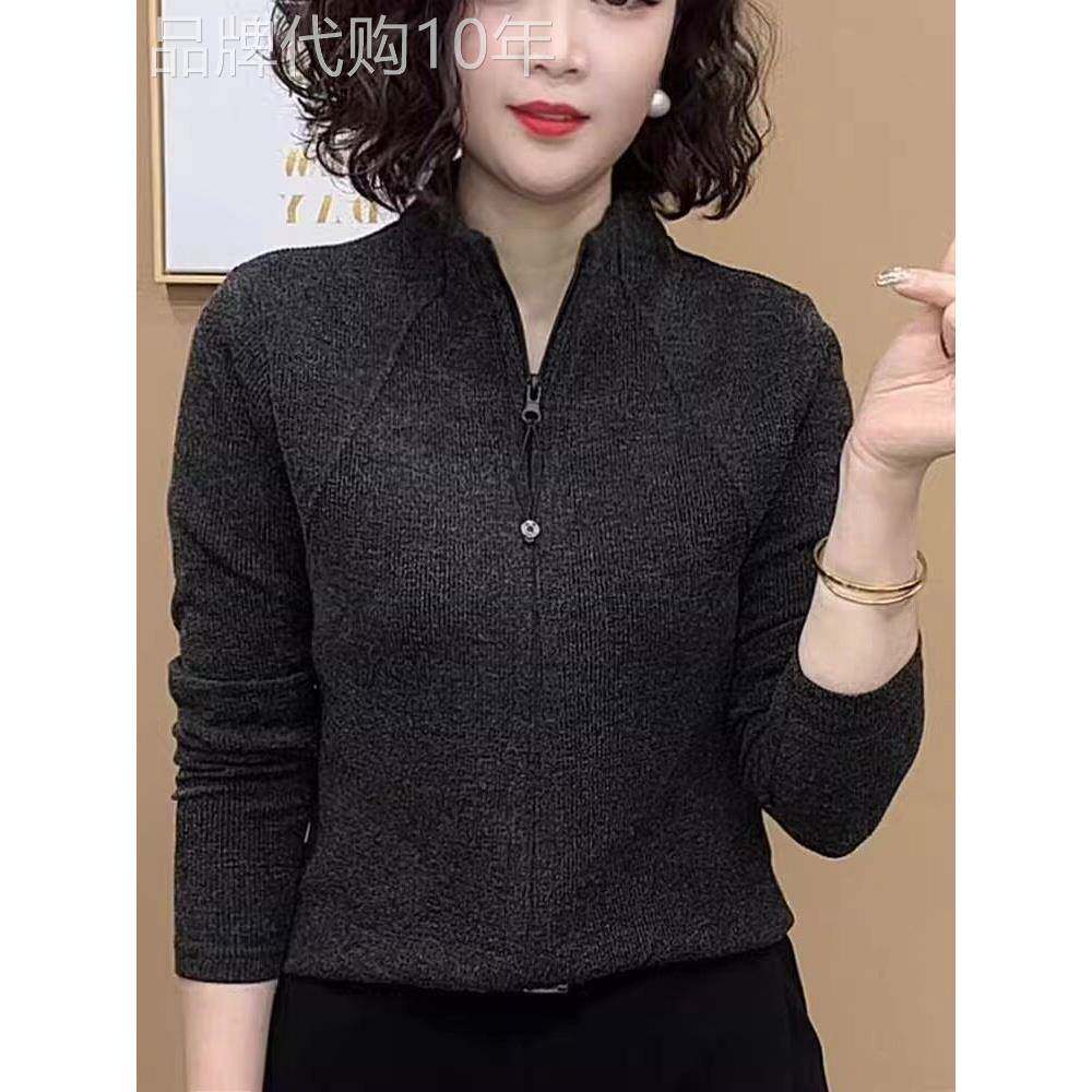韩国秋季长袖半高领薄双拉炼开衫休闲减龄运动中年女妈妈打底上衣