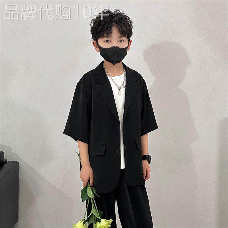 韩国Uamtor夏天男童套装薄款纯色高端帅气短袖西装儿童叠穿两件套